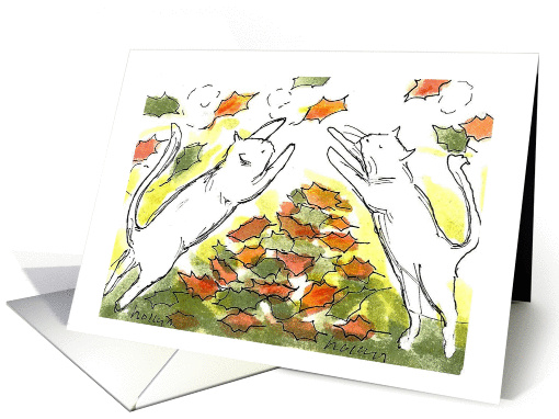 White Cats Play in Autumn Leaves card (1314530)