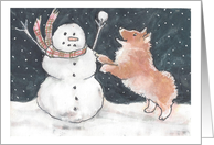 Corgi plays snow ball with snowman - blank notes card