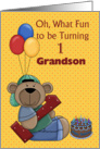 Grandson 1st Birthday, Bear with Balloons card