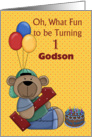 Godson 1st Birthday, Bear with Balloons card