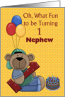 Nephew 1st Birthday, Bear with Balloons card