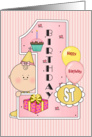 Girl 1st Birthday, Balloons, pink, yellow, Big One card