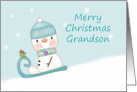 Grandson Merry Christmas, Snowman Sledding card