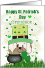 Grandson St. Patrick’s Birthday, Puppy, Clovers, Hearts card