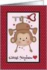 Great Nephew Valentine with Monkey hanging from a Key, red card