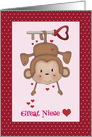 Great Niece Valentine with Monkey hanging from a Key card