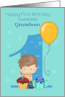 First Birthday For Sweetest Grandson, Number 1, balloon, blue card