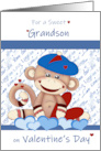 Grandson for Valentines Day with Monkey with Hat and Blue Red Hearts card