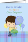 Great Nephew Special Happy Birthday Boy with Cupcake and Balloons card