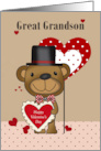 Great Grandson Valentine’s Day with Brown Bear Hearts Top Hat and Dots card