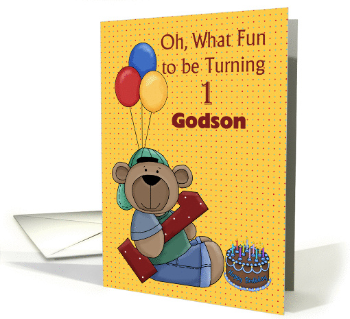 Godson 1st Birthday, Bear with Balloons card (1293258)