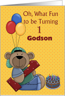 Godson 1st Birthday, Bear with Balloons card