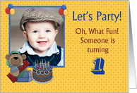 1st Birthday Party Invitation, Bear with Balloons card