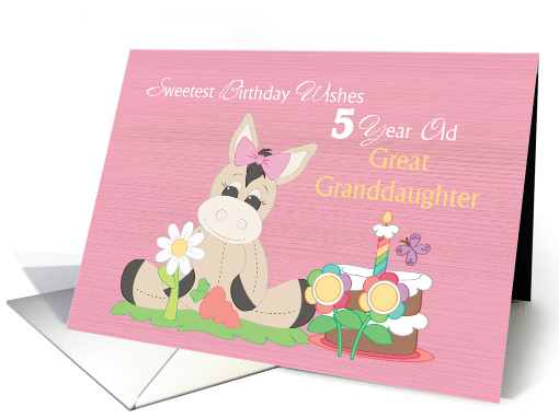 5 Year Old Sweetest Great Granddaughter Birthday, Donkey, Pink card