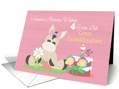 4 Year Old Sweetest Great Granddaughter Birthday, Donkey, Pink card
