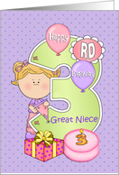 3rd Birthday Great Niece, Balloons, Big 3 on Purple card