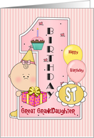 1st Birthday Great Granddaughter, Balloons, pink, yellow, Big One card