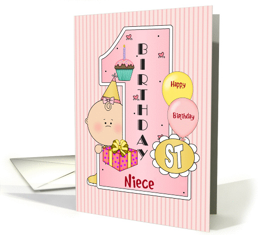 1st Birthday Niece, Balloons, pink, yellow, Big One card (1304914)