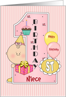 1st Birthday Niece, Balloons, pink, yellow, Big One card