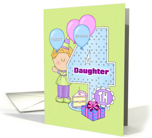 Daughter 4th Birthday, Balloons, Big 4 on Green card (1305228)