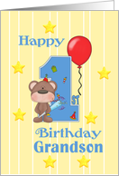 Grandson 1st Birthday Bear, Yellow with stars and stripes card