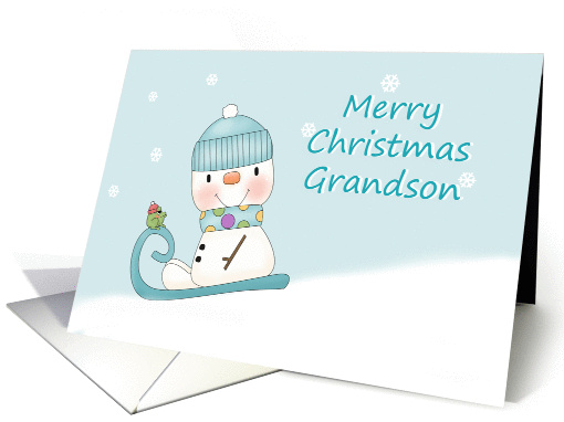 Grandson Merry Christmas, Snowman Sledding card (1327422)