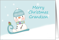 Grandson Merry Christmas, Snowman Sledding card