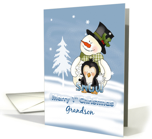 Grandson 1st Christmas, Snowman and penguin card (1329242)
