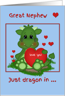 Dragon Holding Heart for Great Nephew Valentine’s Day card