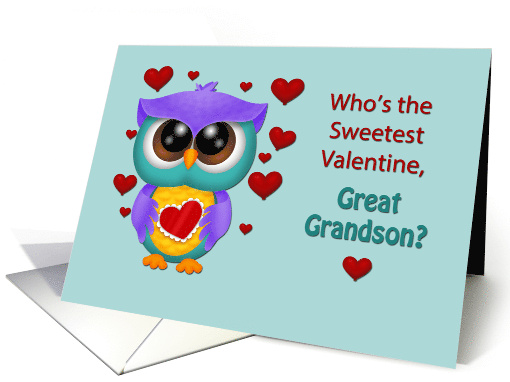 Great Grandson Hootie The Owl Valentine and Hearts with blue card