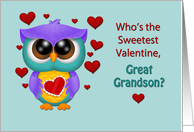 Great Grandson Hootie The Owl Valentine and Hearts with blue card
