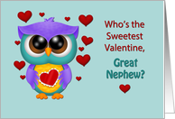 Hootie The Owl Valentine for Great Nephew, Owl and Hearts with blue card