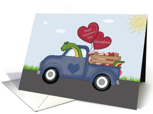 Grandson Dinosaur Truckload of Valentines, Blue Truck, hearts card