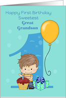 Sweetest Great Grandson First Birthday Number 1 balloon blue card