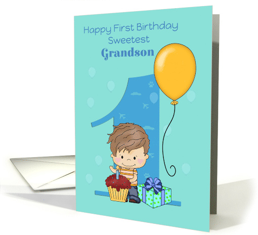 Sweetest Grandson First Birthday Number 1 balloon blue card (1615716)