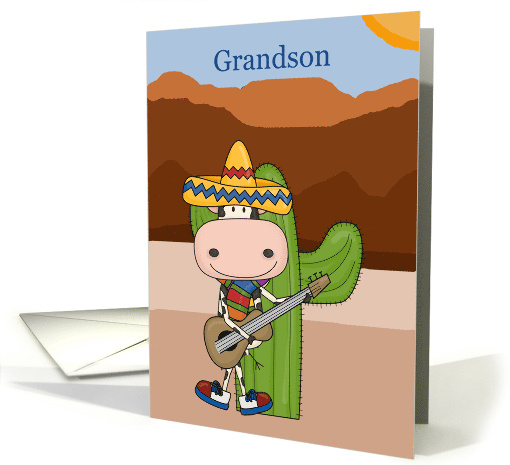 Grandson's Valentine Cow Playing Guitar in Front of Cactus card