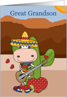 Great Grandson’s Valentine Cow Playing Guitar in Front of Cactus card