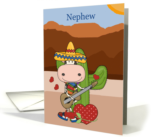 Nephew's Valentine Cow Playing Guitar in Front of Cactus card