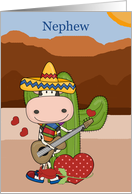 Nephew’s Valentine Cow Playing Guitar in Front of Cactus card