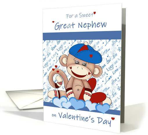 Great Nephew for Valentines Day with Monkey with Hat and Hearts card