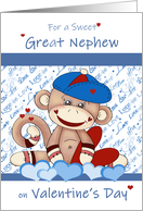 Great Nephew for Valentines Day with Monkey with Hat and Hearts card