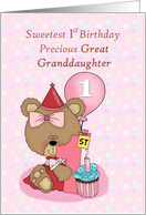 Great Granddaughter Birthday with Girl Bear Cupcake and Balloon Pink card