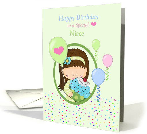 Niece Birthday Girl with Cupcake and Balloons Green card (1821348)