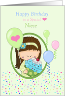 Niece Birthday Girl with Cupcake and Balloons Green card