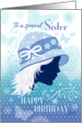 Birthday for Sister - Silhouetted Female Face in Blue Designer Hat card