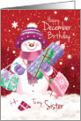 December Birthday Sister, Snow woman Shopping card