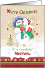 Christmas for Nephew. Cute Snow Child Hugging his Snow Puppy. card