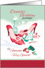 December Birthday. Red Ladies Shoes with Perfume in the Snow. card