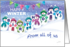 Winter Birthday From all of us. Snowmen hold cards spelling Birthday. card