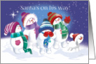 Christmas for Kids. Cute Snow Children and Puppy see Santa in the Sky. card